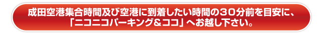 成田空港集合時間及び空港に到着したい時間の30分前を目安に、「ニコニコパーキング＆ココ」へお越し下さい。